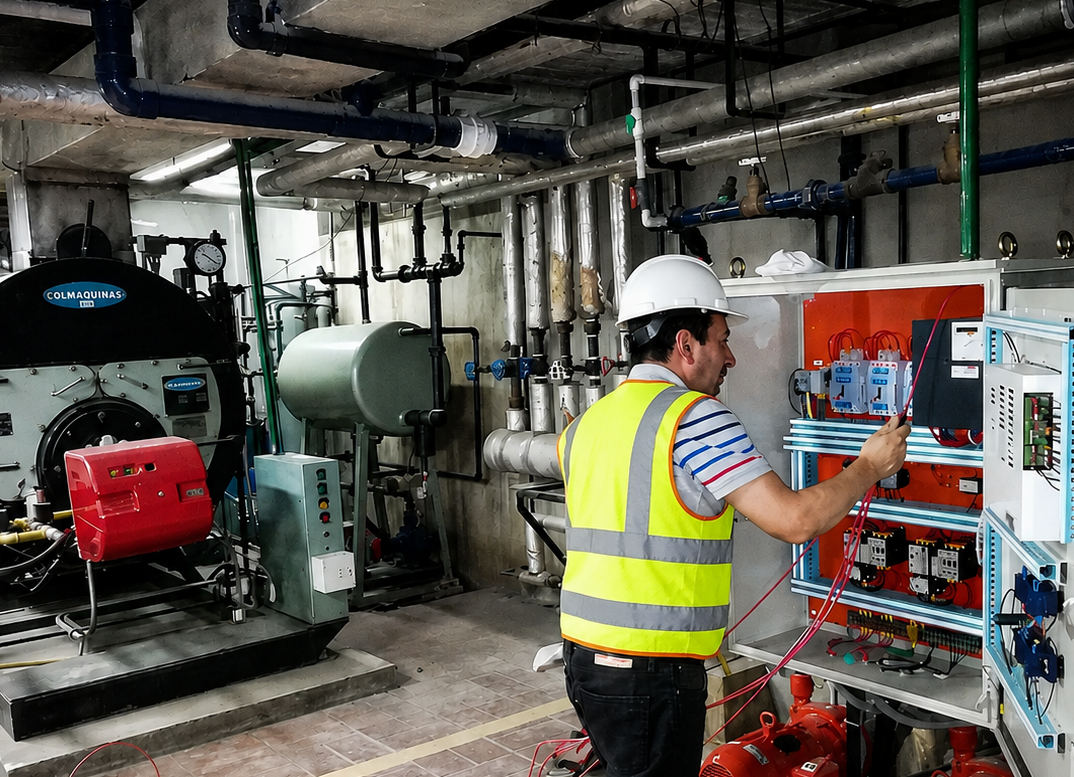 Don Carlos electricista profesional trabajando en tablero eléctrico en Bogotá